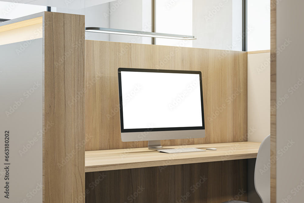 Poster Close up of partitioned wooden workplace with empty white computer screen and mock up place. 3D Rendering.