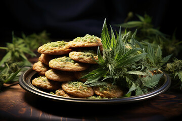 marijuana cookies and cannabis leaves on table. Food with legal drugs