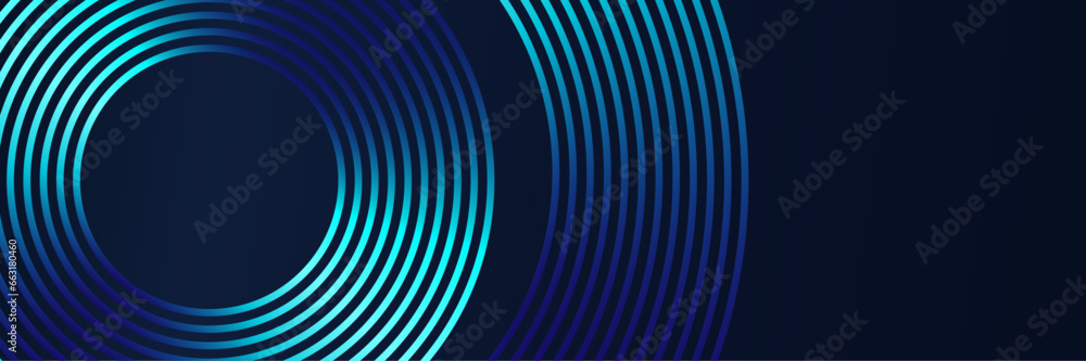 Poster abstract futuristic dark background with glowing wavy circle lines pattern. modern shiny blue geomet
