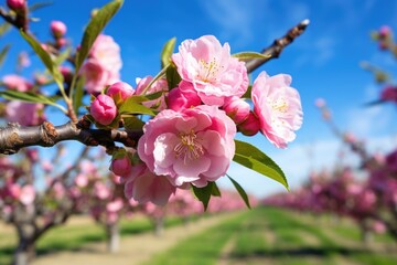 Obraz premium pink blossoms blooming on a peach tree in an orchard