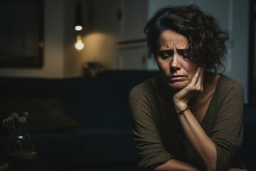 Fototapeta na wymiar Dramatic Portrait of Sad middle age woman crying sitting in the night at home