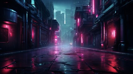 Photo of a city street illuminated by red lights at night - obrazy, fototapety, plakaty