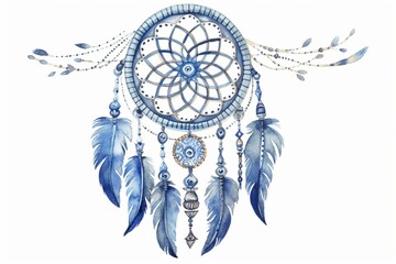 Watercolor decoration dreamcatcher with boho feathers in a chic ethnic tribal print. Generative AI