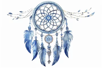 Tuinposter Boho Watercolor decoration dreamcatcher with boho feathers in a chic ethnic tribal print. Generative AI