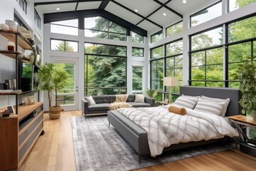 spacious bedroom with large windows