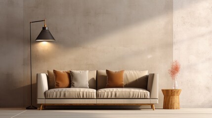 Photo of a cozy living room with a stylish couch and a warm glow from the lamp - obrazy, fototapety, plakaty