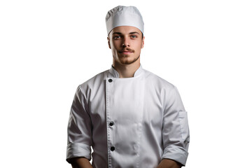 portrait of a young male chef in chef's hat and jacket