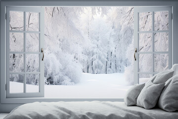Generative AI Image of Window in Bedroom with View of Winter White Snow
