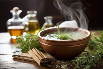 Obraz na płótnie Canvas herbal tea sitting on the edge of a steaming hot bath