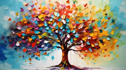 Photo of a vibrant and expressive painting capturing the beauty of a colorful tree against a serene blue background