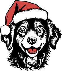Dog  in a Christmas hat, Funny Dog head in a Santa hat illustration