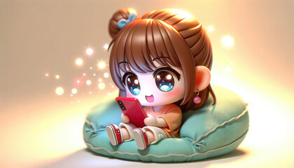 A cartoon girl character seated comfortably on a  cushion is busy looking at her cellphone - Generative AI