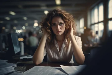 Fotobehang Dramatic Portrait of woman is having a nervous breakdown at work © alisaaa
