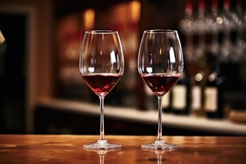 pair of wine glasses filled with red wine on a bar counter