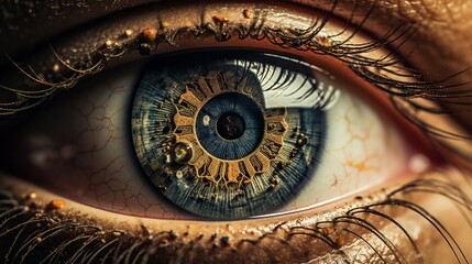 Nahaufnahme eines menschlichen Auges, dessen Iris künstlerisch dramatisch abgewandelt ist - obrazy, fototapety, plakaty