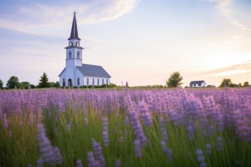 church across a rolling lavender field