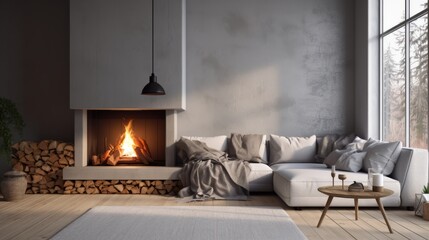 Photo of a cozy living room with a comfortable couch and a warm fireplace