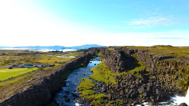 Aerial view of gletjer waterfall and scenic landscape in gullfos, Iceland.