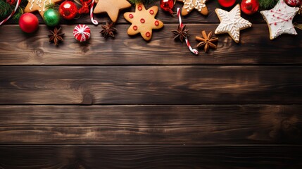 Tasty homemade Christmas cookies on wooden background, flat lay. Space for text