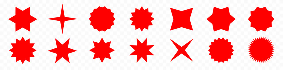 Flat simple starburst shapes. Sticker, label, promotional  red badge on white background