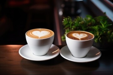Fototapeta premium two cups of coffee on a table with heart-shaped foam
