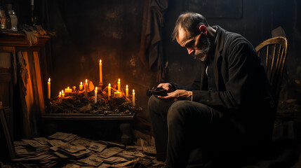 Fototapeta premium A sad old man looks mournful, in an abandoned house AI generated 