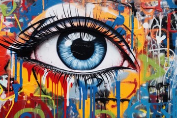 a graffiti wall painted with eyes