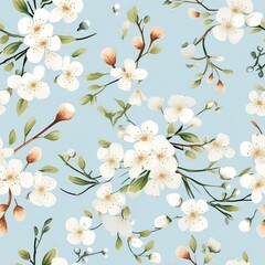 Spring blue seamless pattern of flowers, leaves and herbs. Generated by AI