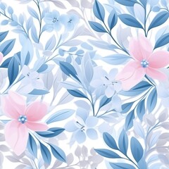 Fototapeta premium Spring blue seamless pattern of flowers, leaves and herbs. Generated by AI