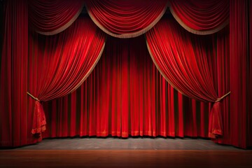 Grand red velvet stage in classic stage. Elegance unveiled. Velvet curtains at theater. Night at opera. Dramatic performances