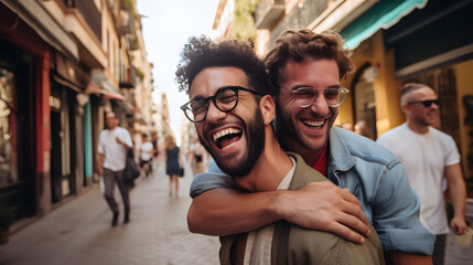 Two men friends laughing in the street - diverse friendship  - obrazy, fototapety, plakaty