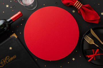 Exclusive Black Friday dining offer: top view high-class restaurant table setting, red napkin in...