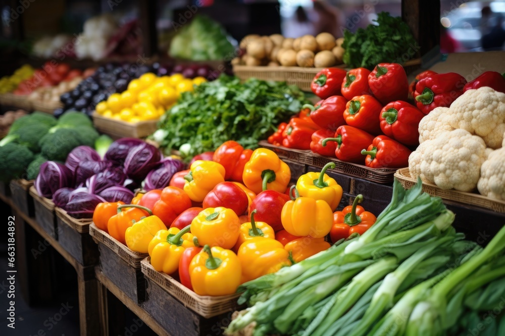 Wall mural fresh fruits and vegetables on a market stand