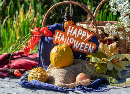 Pumpkins with fesalis in a wicker basket. Autumn decor for Halloween or Thanksgiving in nature