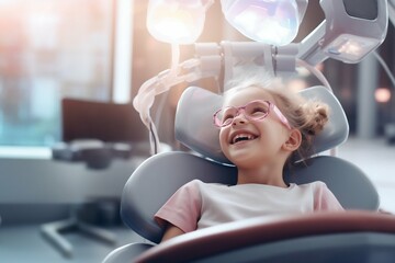 Young Girl's Bright Smile: Dental Care Visit to the Dentist. Generative ai