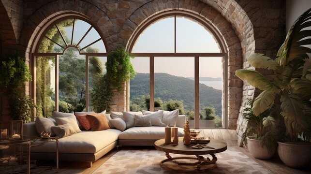 Photo of a cozy living room with stylish furniture and a beautiful view through the large window