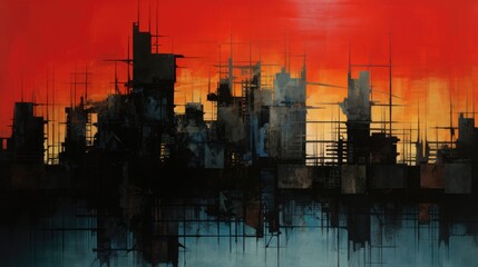 Sunset city skyline with tall skyscraper buildings, golden hour orange and red colors, late afternoon downtown urban area, east coast abstract metropolis. 