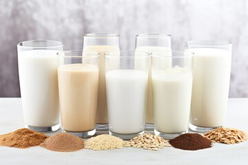 dairy-free milk alternatives arranged in a row