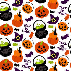 Seamless pattern for Halloween. Vector illustration of a Halloween party. Witch hat, cauldron, potion, candy, candles and pumpkins. Vector cartoon flat seamless pattern. Printing textiles. packaging