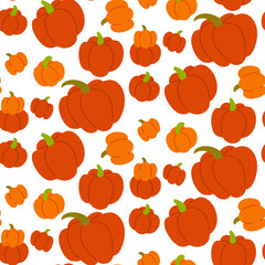 Pattern with pumpkins. Vector flat autumn illustration. Seamless pattern with cozy orange pumpkins on a white background. Hugge time. Kitchen Linen Decor for Halloween Party with Pumpkin