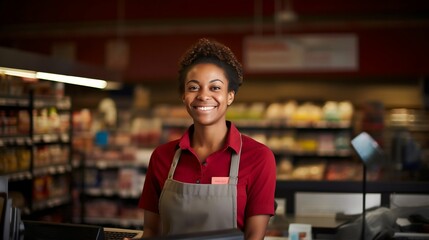 Friendly Faces: Smiling Woman Store Employee. Generative ai