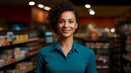 Fototapeta na wymiar Friendly Faces: Smiling Woman Store Employee. Generative ai