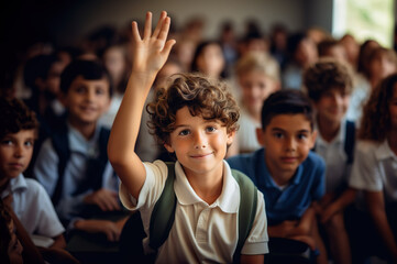 Fototapeta premium Photo of boy in the school with rise hand