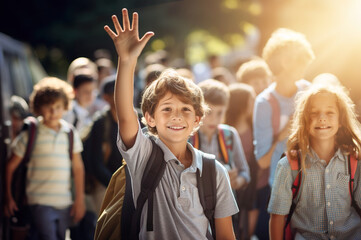 Fototapeta premium Photo of boy in the school with rise hand