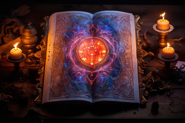 An ancient grimoire is open to a page describing elemental magic, surrounded by quills and inkpots on a wooden desk