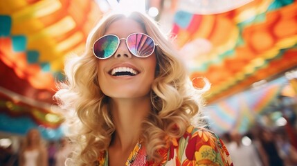 Retro Radiance: Joyful Blonde Woman Channeling the Psychedelic 70s Vibe. Generative ai