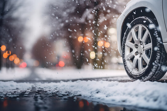 Fototapeta Photo of car with winter tire on the snow