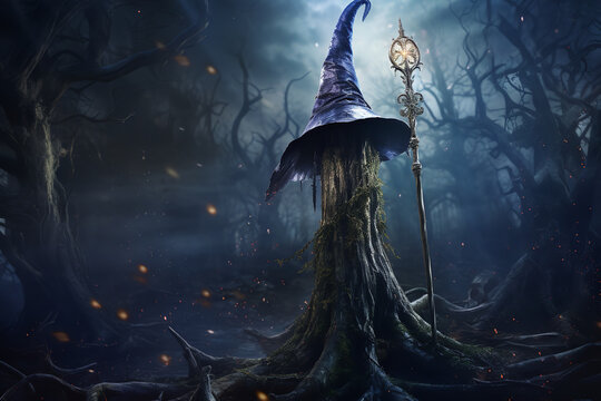  A wizard's pointed hat and magical staff are leaning against the trunk of an enchanted tree in a moonlit forest