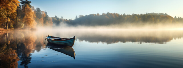 Misty lake with boat landscape, rowboat in the morning mist panorama - obrazy, fototapety, plakaty