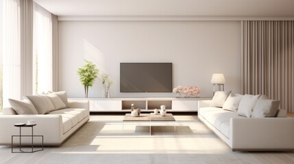 Photo of a modern living room with white furniture and a large flat screen TV